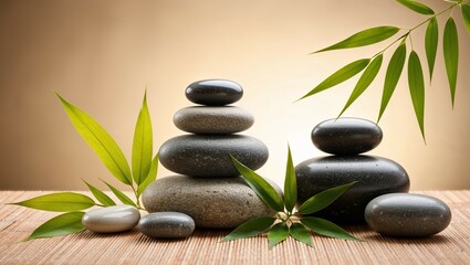 Zen stones and bamboo evoke spa wellness with green leaves and balanced pebbles