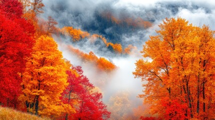 Misty autumn mountain valley, vibrant foliage, scenic view, nature postcard