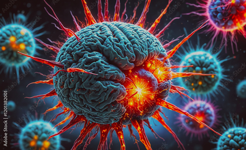 Fototapete A brain with red spikes and a red glowing eye. The brain is surrounded by other brains, some of which are smaller and some of which are larger. The image has a surreal and otherworldly feel to it