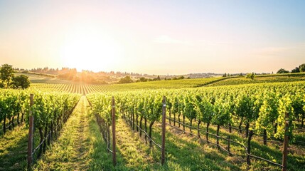 Naklejka premium Vineyard at Sunset with Rows of Grapevines and Bright Sunlight