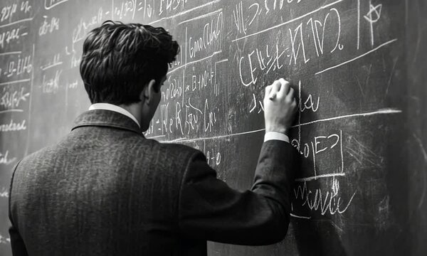 Man in Suit Writing Complex Equations on a Chalkboard