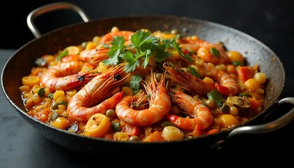 Fototapeta premium Succulent Shrimp Paella: Vibrant Seafood Dish with Rustic Charm