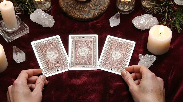 Hands Shuffling Tarot Cards on Velvet Cloth with Crystals and Candles