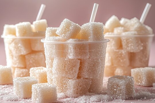 Unhealthy food portrayal: a plastic cup with a straw and sugar cubes on a pastel pink background, depicted in a minimal, vertical side view