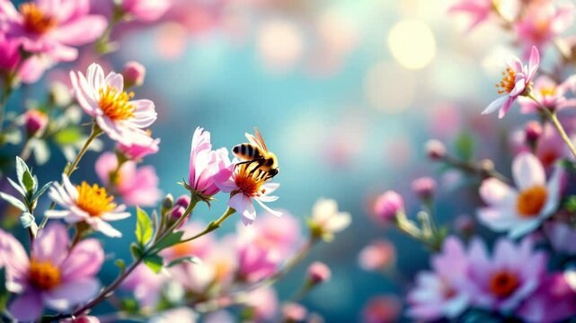 Macro video of working honeybee pollinating flowers and collecting honey nectar on meadow. Concept of organic eco-products, extraction, spring agriculture and healthy. Bee hive on a honeycomb.