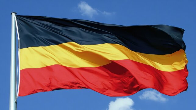 "German National Flag Flying High Against a Blue Sky and White Clouds"