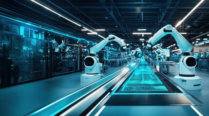Naklejka premium A high tech factory with robotic arms operating production lines, highlighting efficiency and 3D Printing in Automotive Additive Manufacturing