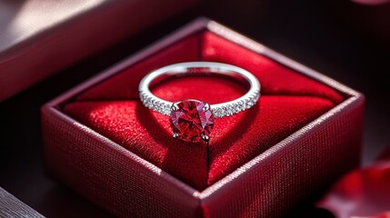 Red gemstone ring in red jewelry box.