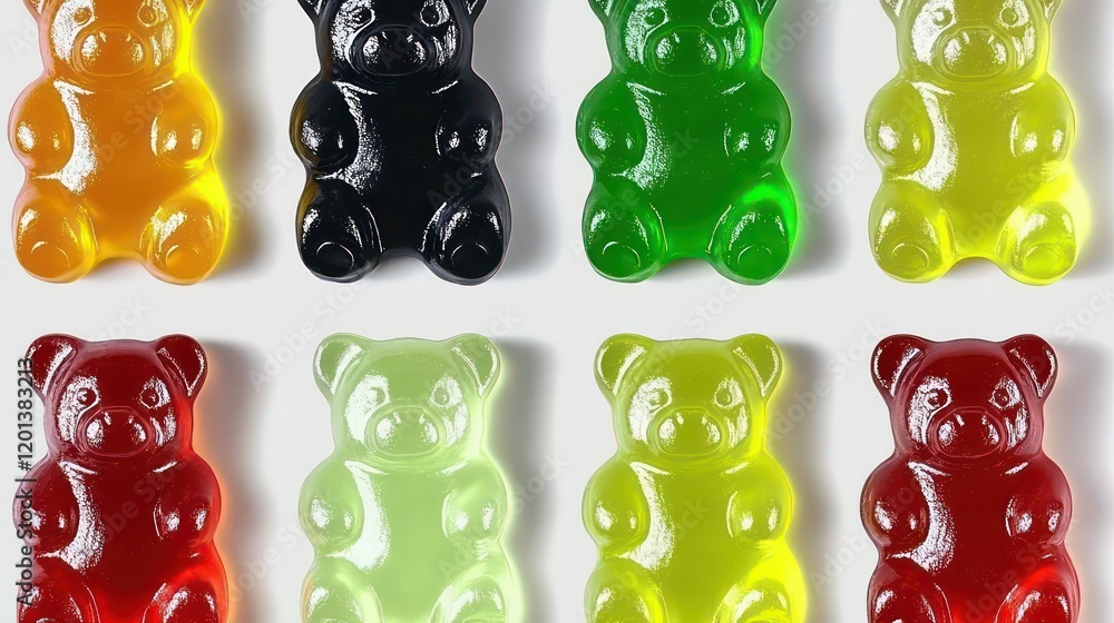Aufkleber rows of colorful gummy bears on a white background generative ai