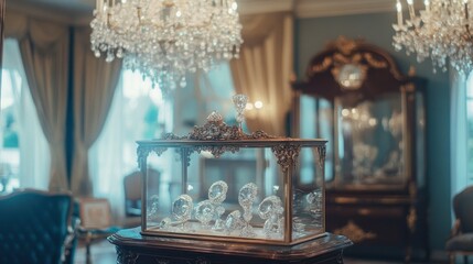 Antique glass sculptures in ornate display case within a luxurious vintage interior.