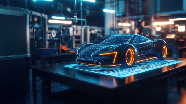 A hologram of an electric hypercar being constructed, showing futuristic technology in 3D Printing and Additive Manufacturing for Automotive advancements