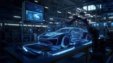 Obraz premium A futuristic car constructed by robotic arms in a high tech manufacturing facility, emphasizing 3D Printing and Additive Manufacturing in Automotive production