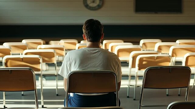 Student in Examination Hall with Clock Ticking Down