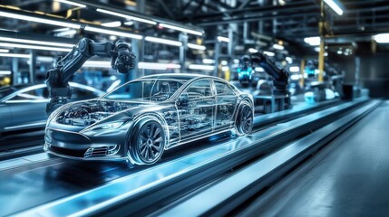 An electric car being built on an assembly line with robotic arms, showcasing advanced techniques in 3D Printing and Automotive Manufacturing