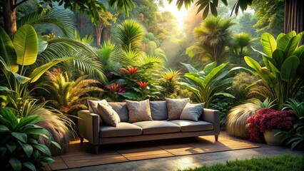 Fototapeta premium Immersive 3D render: lush tropical garden, comfy sofa, vibrant plants, paradise found.