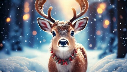 Fototapeta premium Cute Cartoon Christmas Winter White Deer in the Snow