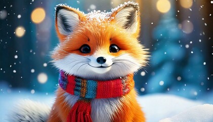Fototapeta premium Cute Cartoon Christmas Winter Fox Wearing a Colorful Scarf in the Snow