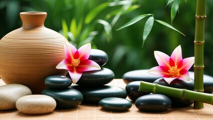 Zen stones and orchid flower convey balance and natural wellness