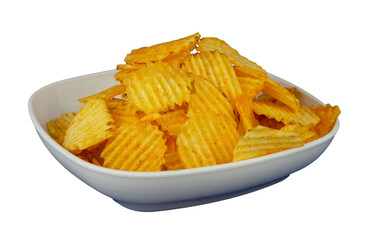 potato chips in a white bowl isolated
