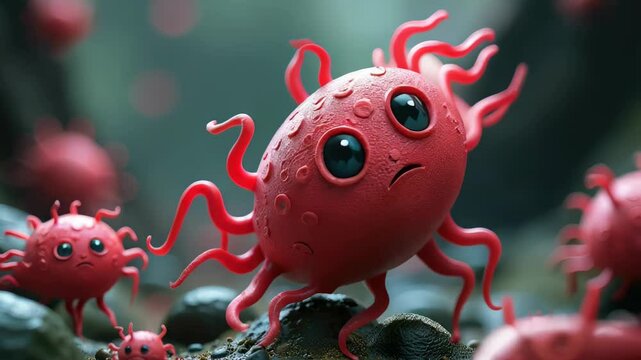 Animation Cartoon bacteria, microbes and viruses on dark background. Pathogenic Microorganisms Characters
