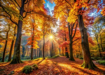 Fototapeta premium Lush forest scene: 4K high-resolution image showcasing detailed textures, sunlight dappling through autumn, winter, spring, and summer trees.