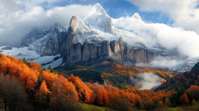 Majestic mountain peaks covered in snow with autumn trees in orange hue surrounding base of mountain range