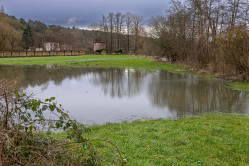 Normandy, France, Europe : Exterior photo view water floods due to climate change in fields...