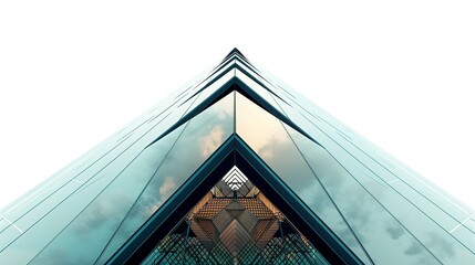 A geometric pyramid structure with reflective surfaces, isolated cleanly against a white background.