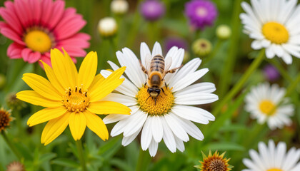 Obraz premium Bees pollinating vibrant flowers in a lush garden, nature's balance