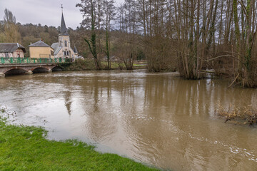 Normandy, France, Europe : Exterior photo view water floods due to climate change in fields...