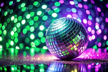 Obraz premium Minimalist party backdrop: green, purple bokeh, disco ball glow.