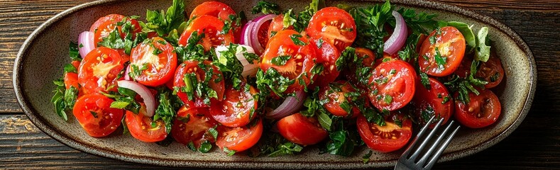 A top view of a scrumptious Italian vegetable salad panzanella on a plate, with a fork placed on a wooden table surrounded by fresh ingredients and a bottle of red wine, captured in a panoramic shot
