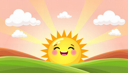 Fototapeta premium Smiling sun rising over playful hills, cheerful illustration