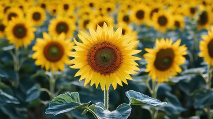 Fototapeta premium Field of Sunflowers in Bloom with Yellow Petals and Green Leaves