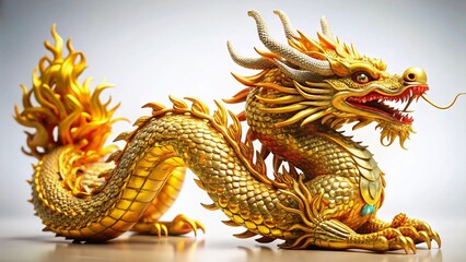 Fototapeta premium Ornate Golden Dragon, Chinese New Year Symbol, Macro Photography, Isolated White Background
