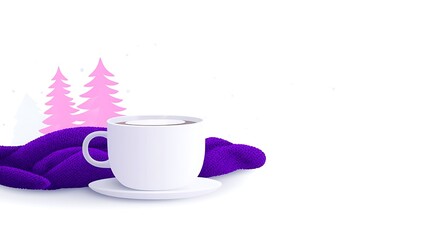 Cozy winter scene white coffee cup on saucer nestled in purple textured gloves, with pink stylized trees and snow in background.