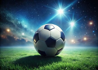 Naklejka premium Night football under a starry sky, emerald field bathed in low light, capturing the soccer star's brilliance.