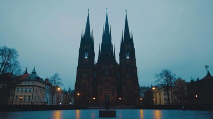 Obraz premium Gothic cathedral at twilight, city skyline, person silhouetted in foreground.