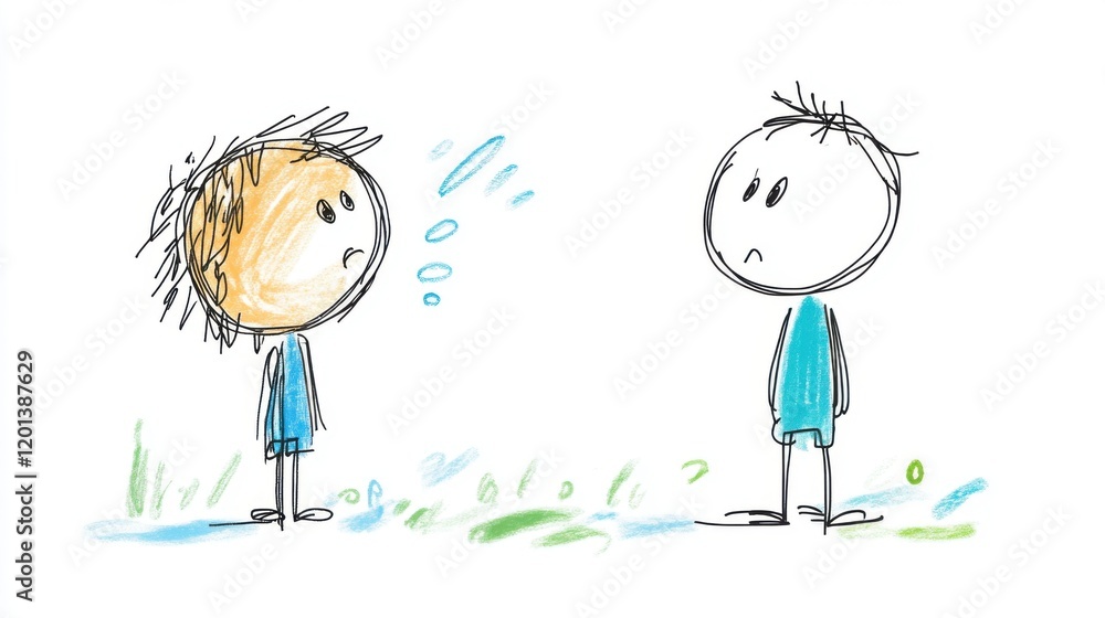 Poster two cartoon characters facing each other with different expressions in a playful outdoor setting