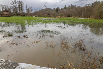 Normandy, France, Europe : Exterior photo view water floods due to climate change in fields...