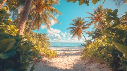 Fototapeta premium Sunny tropical beach with yellow sand, sky and palm trees and turquoise water. Caribbean island vacation, hot summer day display mockup