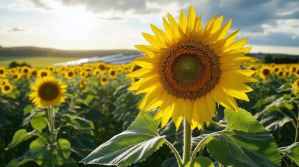 Obraz premium Close-up Sunflower in a Field of Sunflowers at Sunset