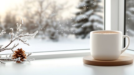 Warm drink in white mug on windowsill, snowy winter scene outside.