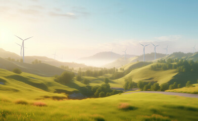 Paisaje de campo con molinos e&oacute;licos.