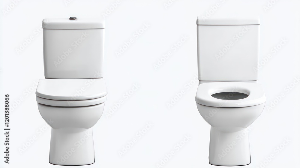 Poster collection of white ceramic toilets displayed frontally generative ai