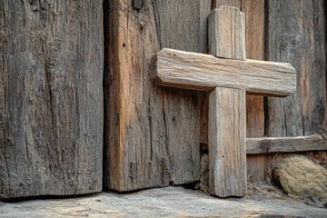 Rustic wooden cross leans against weathered barn door