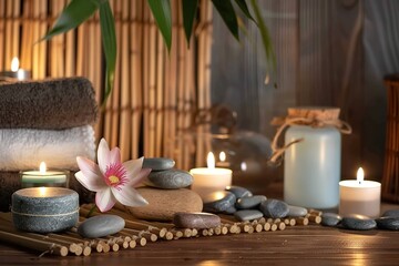 Spa treatment concept. A tranquil spa setting with candles, lotus flowers, and pebbles arranged on a wooden table, accompanied by towels, soaps, and body serums.