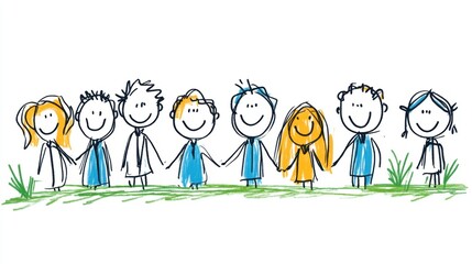 Fototapeta premium Joyful group of diverse children holding hands in a colorful doodle illustration with cheerful smiles and friendship