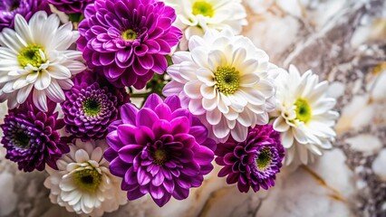 Overhead Macro Shot: Delicate White and Purple Flowers on Marble
