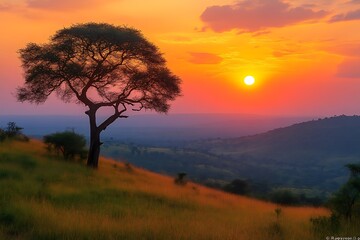 Vibrant sunset over African savanna.
